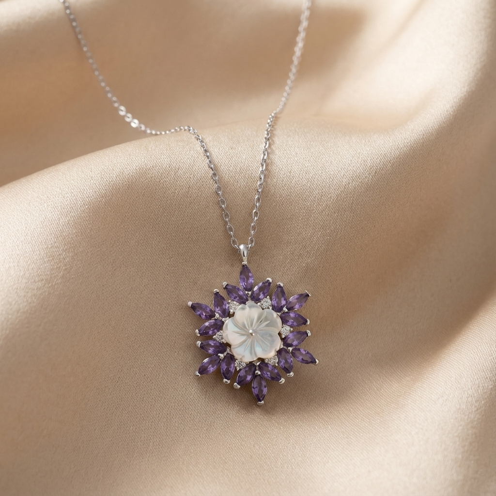 Srebrna Ženska Ogrlica s Ljubičastim Lotus Cvijetom